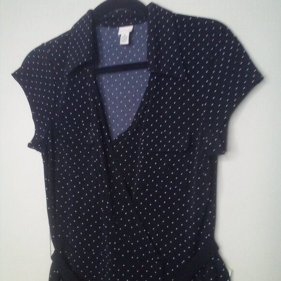 Merona Dress M Women Wrap Front Belt Short Sleeve Polka Dot Black White - Picture 13 of 16